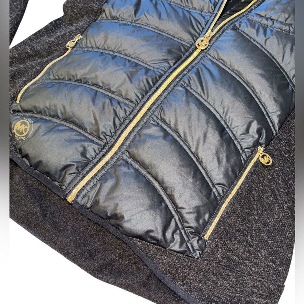 Michael Kors Black brown Hi low down Puffer Jacket with Gold MK Accents - Picture 8 of 16